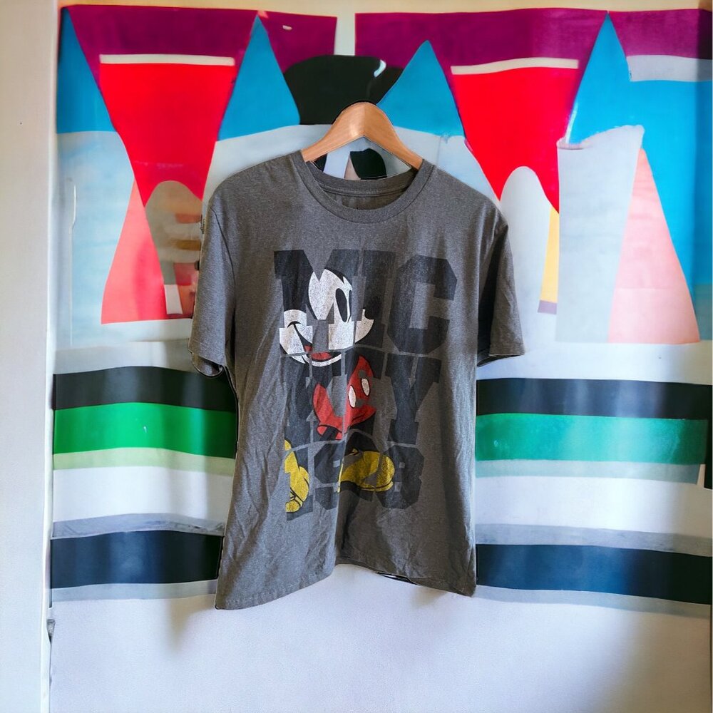 Disney Mickey Mouse Gray Ringer Tee Soft Heathered 50/50 Blend Classic